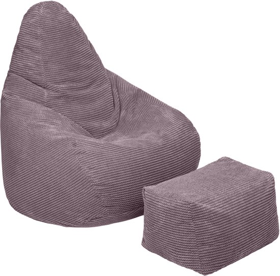 Lila corduroy beanbag stoel en poef, op een witte achtergrond.