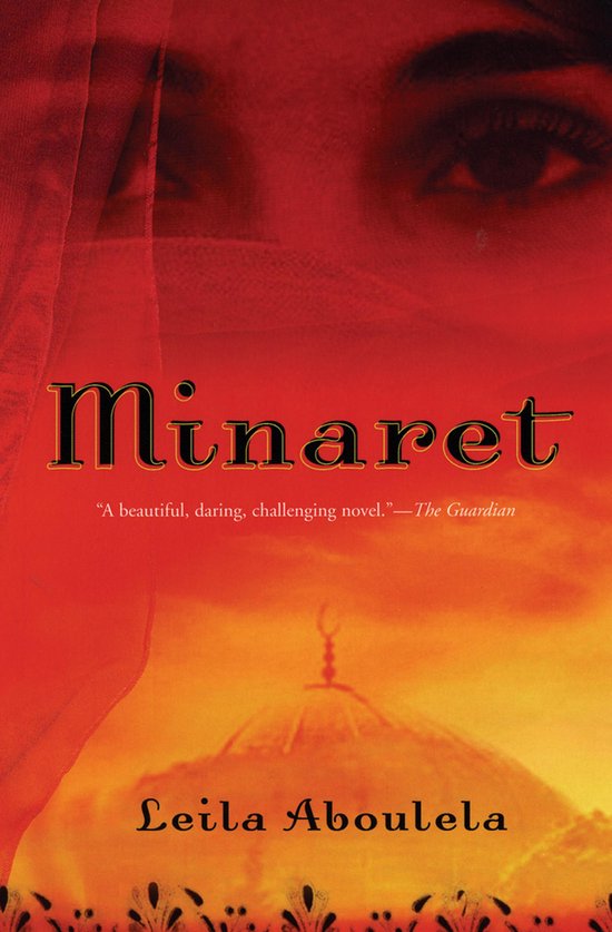 Boek "Minaret" door Leila Aboulela, met een rode en oranje gloed, een sluier en een minaret.