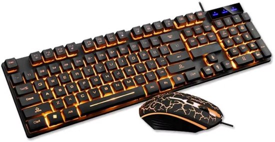 Gaming toetsenbord en muis set, met oranje gloed en spinnenweb design op de muis.