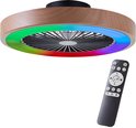 Ventilator met houten rand, verlichting en afstandsbediening.