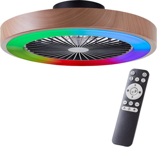 Ventilator met houten rand, verlichting en afstandsbediening.