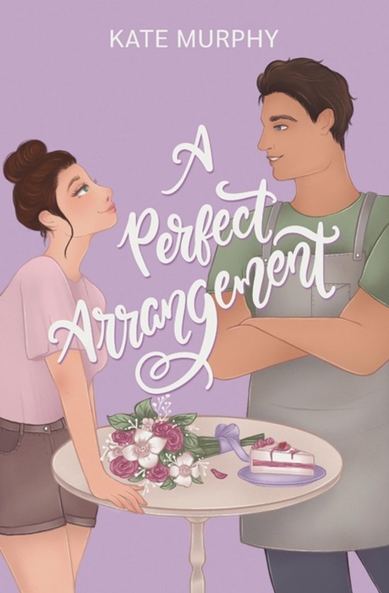 Een vrouw met bruin haar in een knot kijkt omhoog naar een man met donker haar in een schort, bij een tafel met een boeket en een stuk taart. Titel: A Perfect Arrangement.