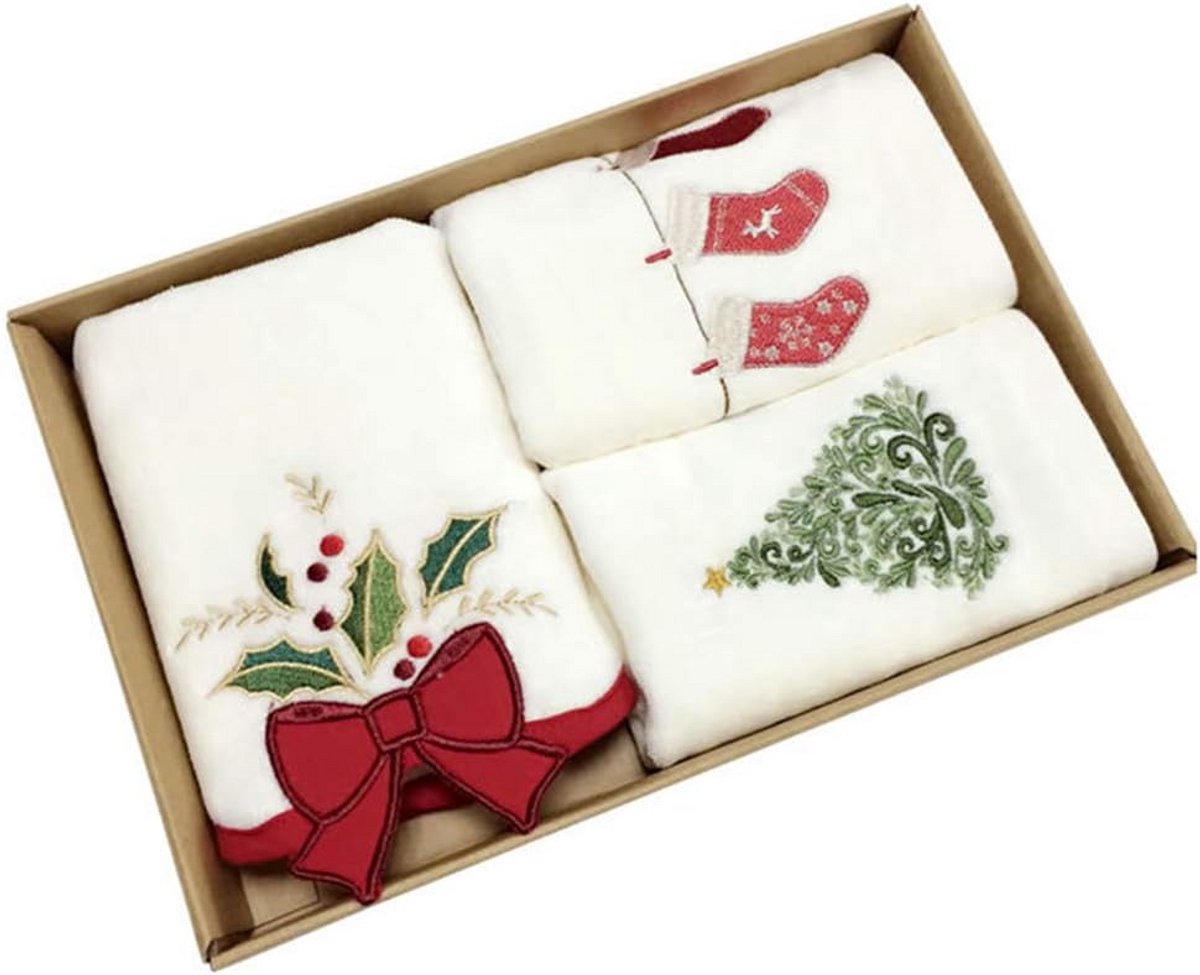 Set van 3 Kerst Handdoeken Katoen – Absorberende Wasbak- en Theedoeken voor Badkamer & Keu