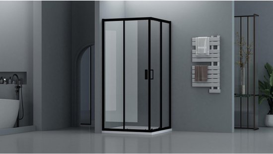 Een vierkante douchecabine met zwarte profielen, glazen deuren en een witte basis, geplaatst in een moderne badkamer.