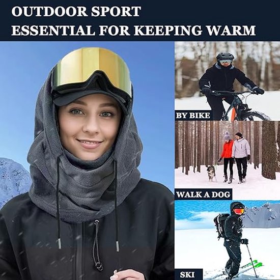 Grijs fleece bivakmuts met capuchon en trekkoord, gedragen door een vrouw met skibril. Toont ook fietsen, wandelen en skiën.