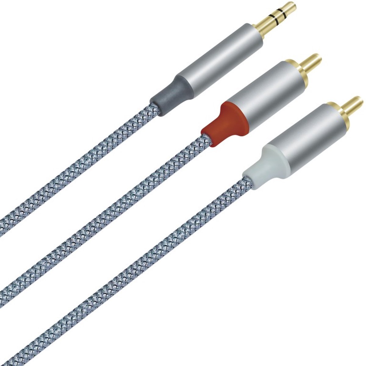 DTECH - 3.5mm Jack naar 2RCA Audiokabel 1meter - Gevlochten kabel - Met Goudgeplaatste Connectoren - Grijs
