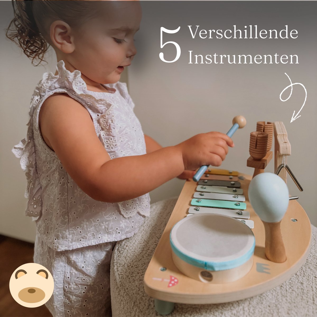 Beebie Babbels - Muziektafel - Bos Editie - Muziek Speelgoed - Houten Speelgoed - Speelgoedinstrumenten - Muziekspeelgoed 1 jaar - Met Xylofoon, Triangel en Trommel — afbeelding 3