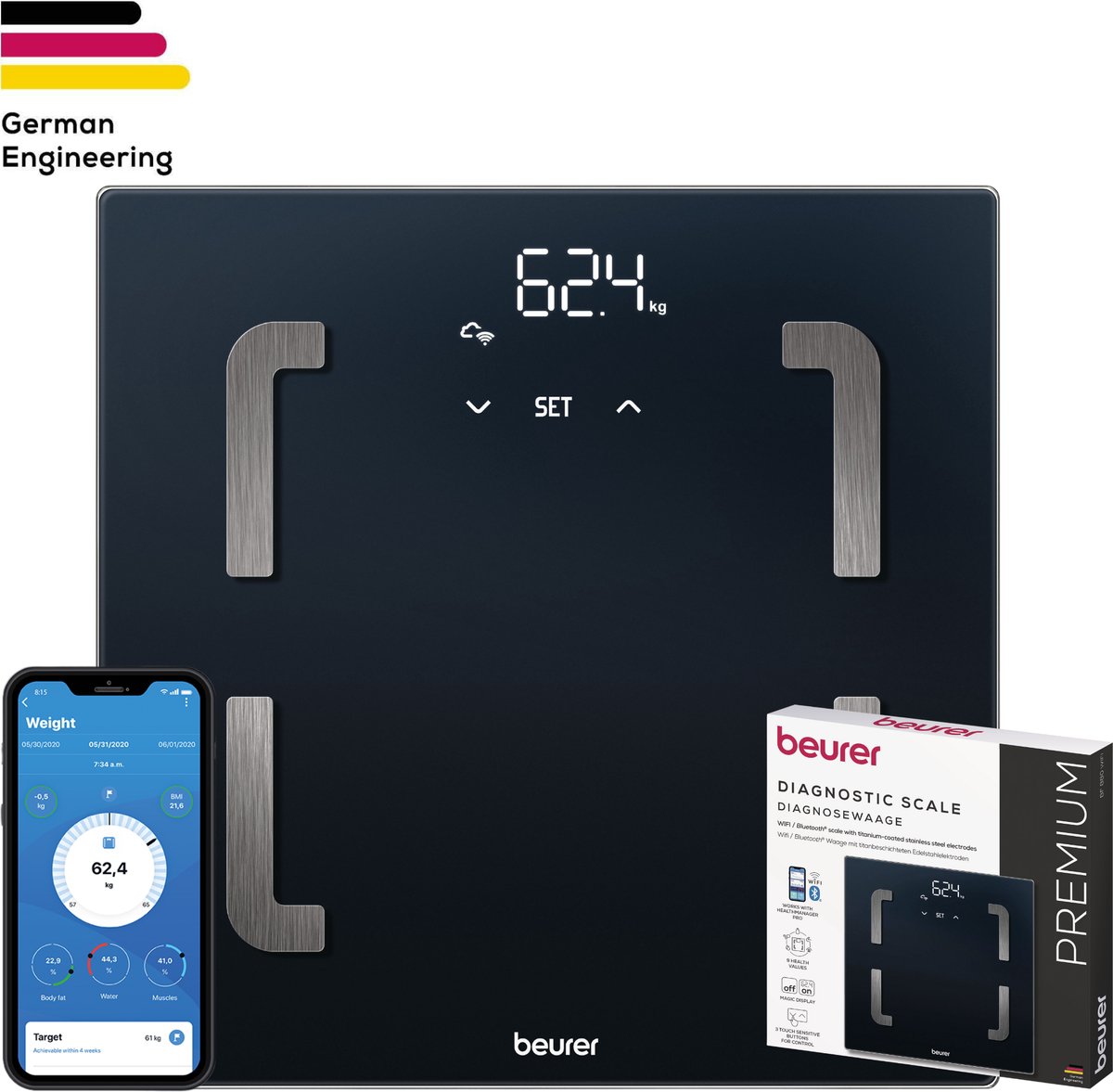 Beurer BF 880 WIFI Personenweegschaal - Lichaamsanalyse - Bluetooth® - Beurer HealthManager Pro app - Verlicht Magic Display - BMI/AMR/BMR - Tot 180 kg - 30 x 30 cm - 8 Gebruikers + herkenning - Veiligheidsglas - Incl. batterijen - 5 Jaar garantie