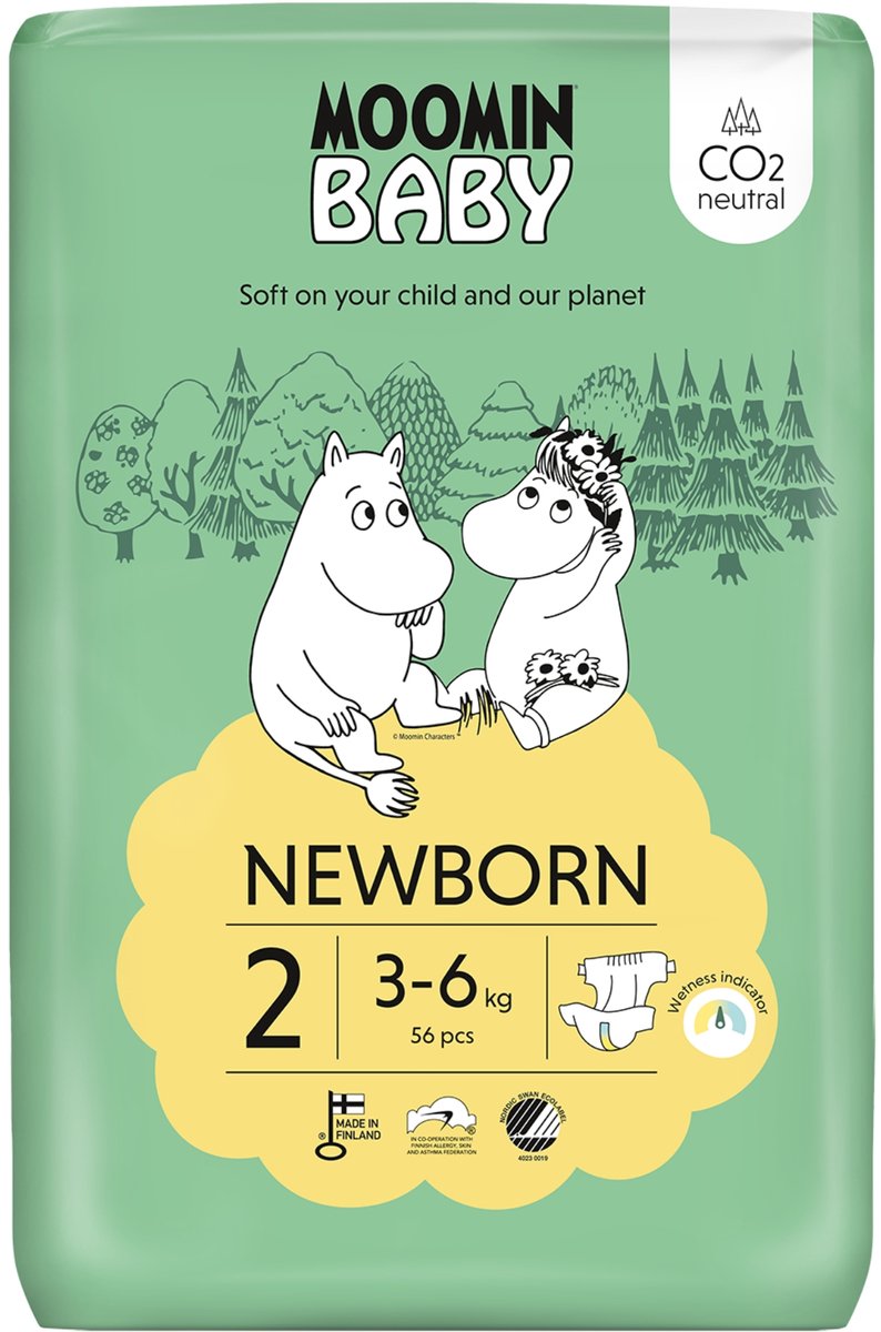 Moomin Baby Eco Wegwerpluiers - Maat 2 - 56 stuks - Absorberend - Huidvriendelijk - Milieuvriendelijk