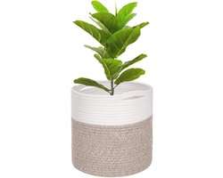 Opvouwbare Plantenpot met Voering voor Kamerplanten - Geweven Katoenen Opbergmand - Organiser voor Bloempotten - Wit met Bruin (20 x 20 cm)