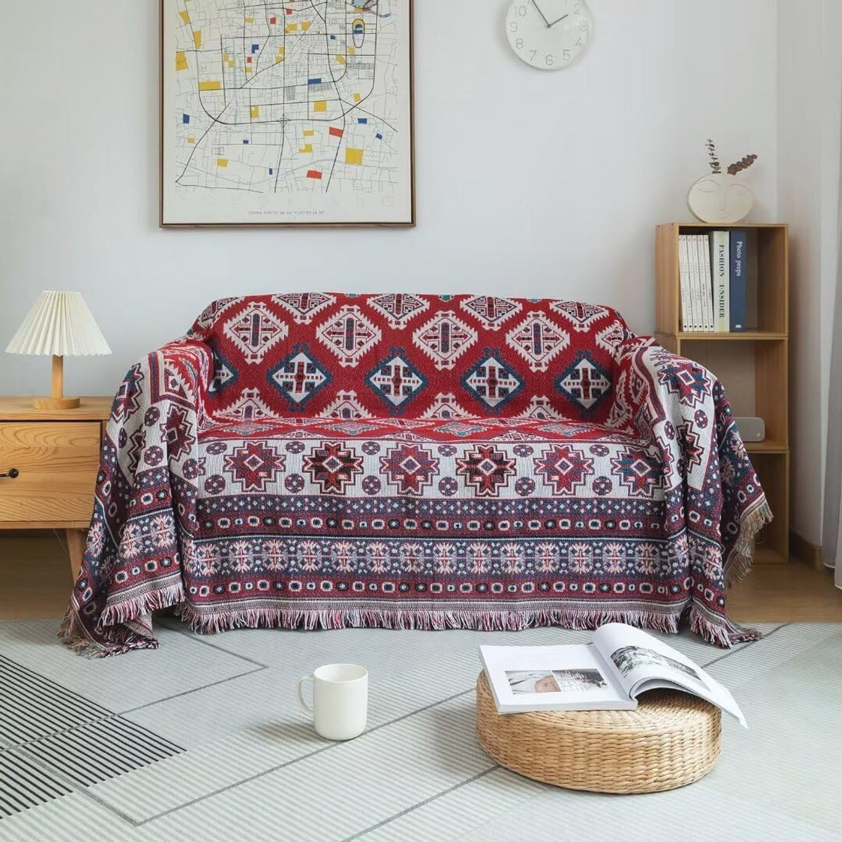 Katoenen bankhoezen voor 2-3 kussenovertrekken - sectionele bankhoes met gebreide diamantgeometrie, 180 x 340 cm