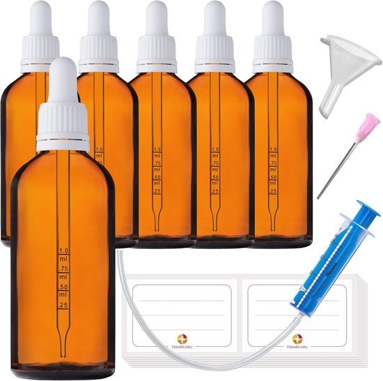 6-delige Amberkleurige Glazen Pipetflesjes, 30 Ml, Met 5 Accessoires – Lekvrij, UV-bestendig, Herbruikbaar, Ideaal Voor Etherische Oliën, Parfum, Serums & Vloeistoffen
