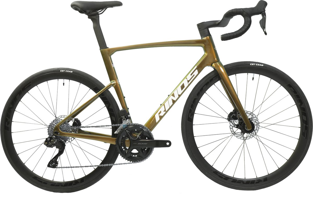 Rinos Odin6.0 Carbon Road - Racefiets - met UCI Frameset- met SHIMANO Di2 - 24 versnellingen en schijfremmen - lichte fiets voor dames en heren - 700 x 40C -Kameleon Goud Groen XL