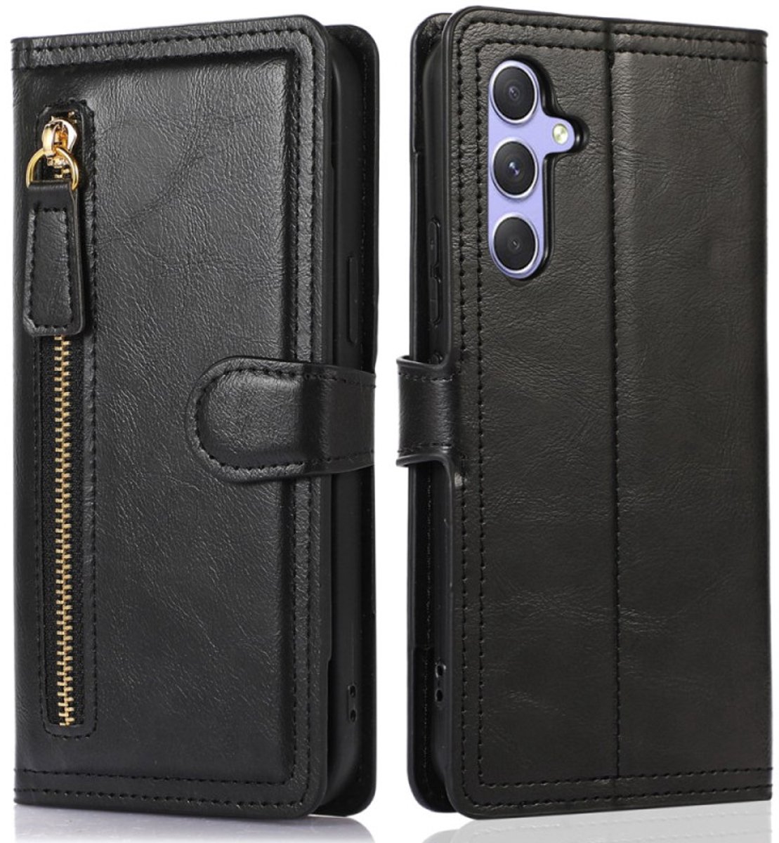 Bookcase Geschikt voor: Samsung Galaxy A36 / Galaxy A56 5G met ritssluiting - Hoesje Flipcover - Magnetisch - 5 kaarten houder - Zwart