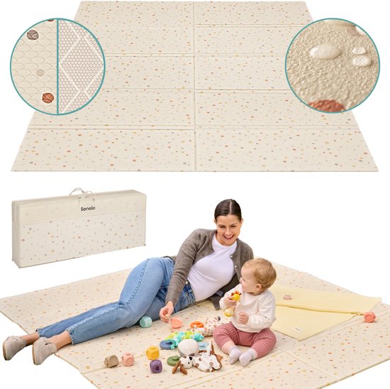 Lionelo Zora Speelmat Baby – Premium Foam Speelkleed 180×200×1.5 cm – Dikke Dubbelzijdige Kruipmat Antislip – Boho Beige Speeltapijt voor Woonkamer & Kinderkamer – Opvouwbaar + Opbergtas – Baby Speelgoed vanaf 0+ Maanden – Grote Speelmat voor Cadeau