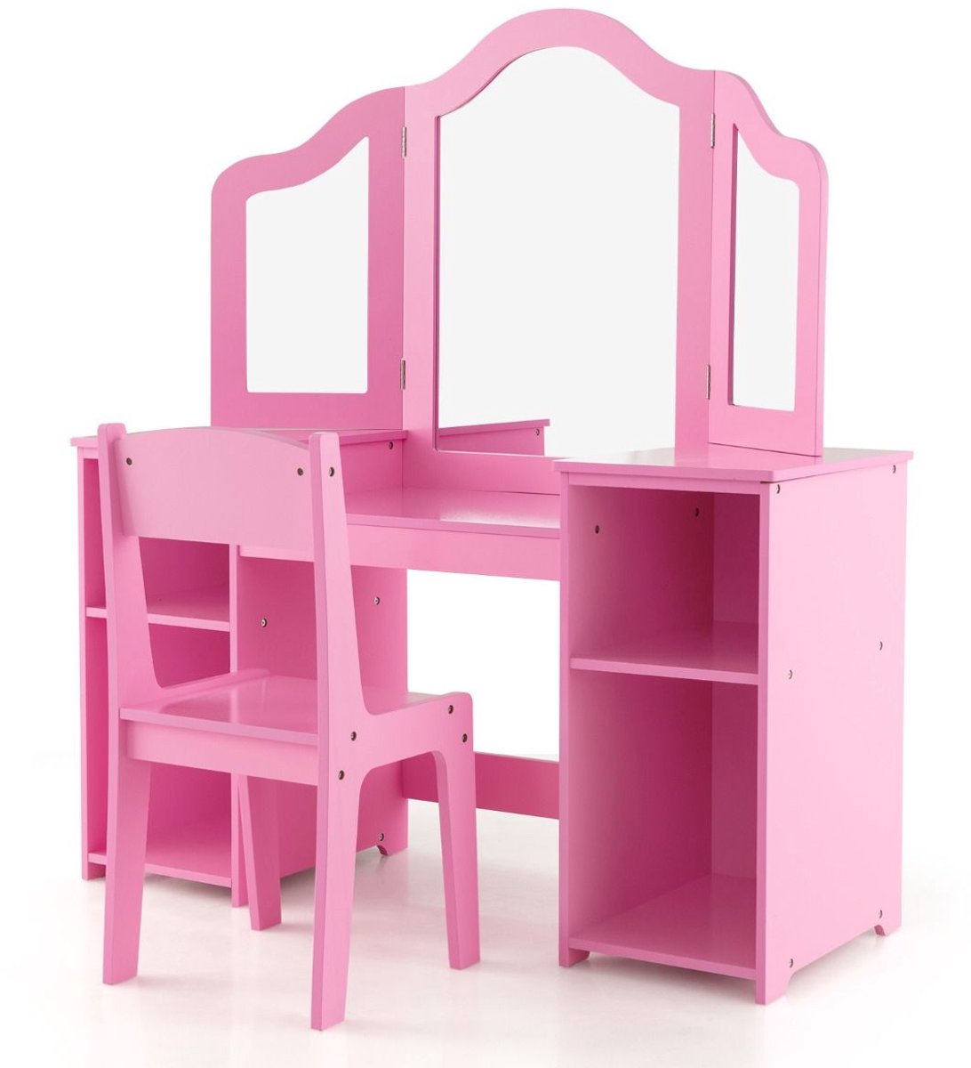 Kaptafel met spiegel - Make up tafel - Make up - Toilettafel - Met lades - Roze