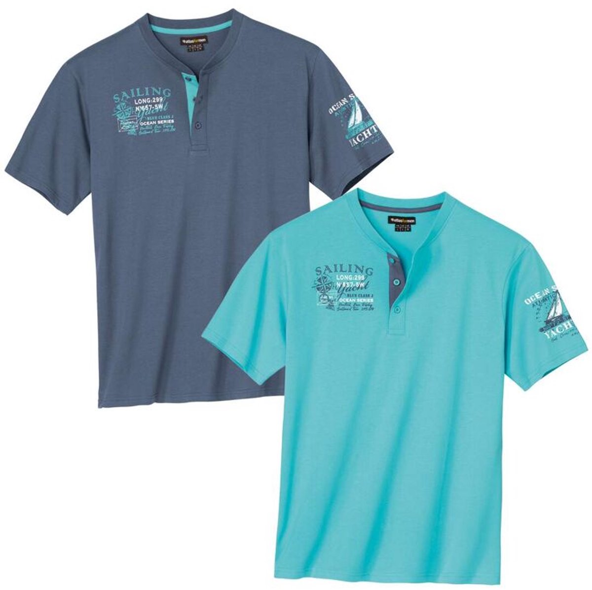 ATLAS FOR MEN - Set van 2 T-shirts met Tunesische hals Sailing - Heren - Verkrijgbaar in grote maten - 5XL