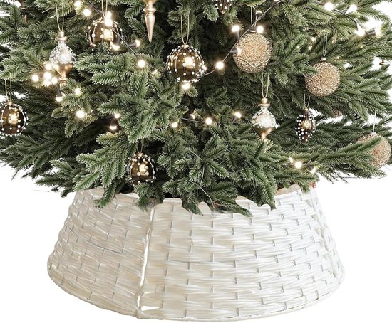 Kerstboommand - Kerstboomrok - Kerstboomvoethek - Handgevlochten afneembaar PE-rotan - Kerstboomdecoratie （ Wit - Bodemdiameter 60cm hoogte 17cm ）