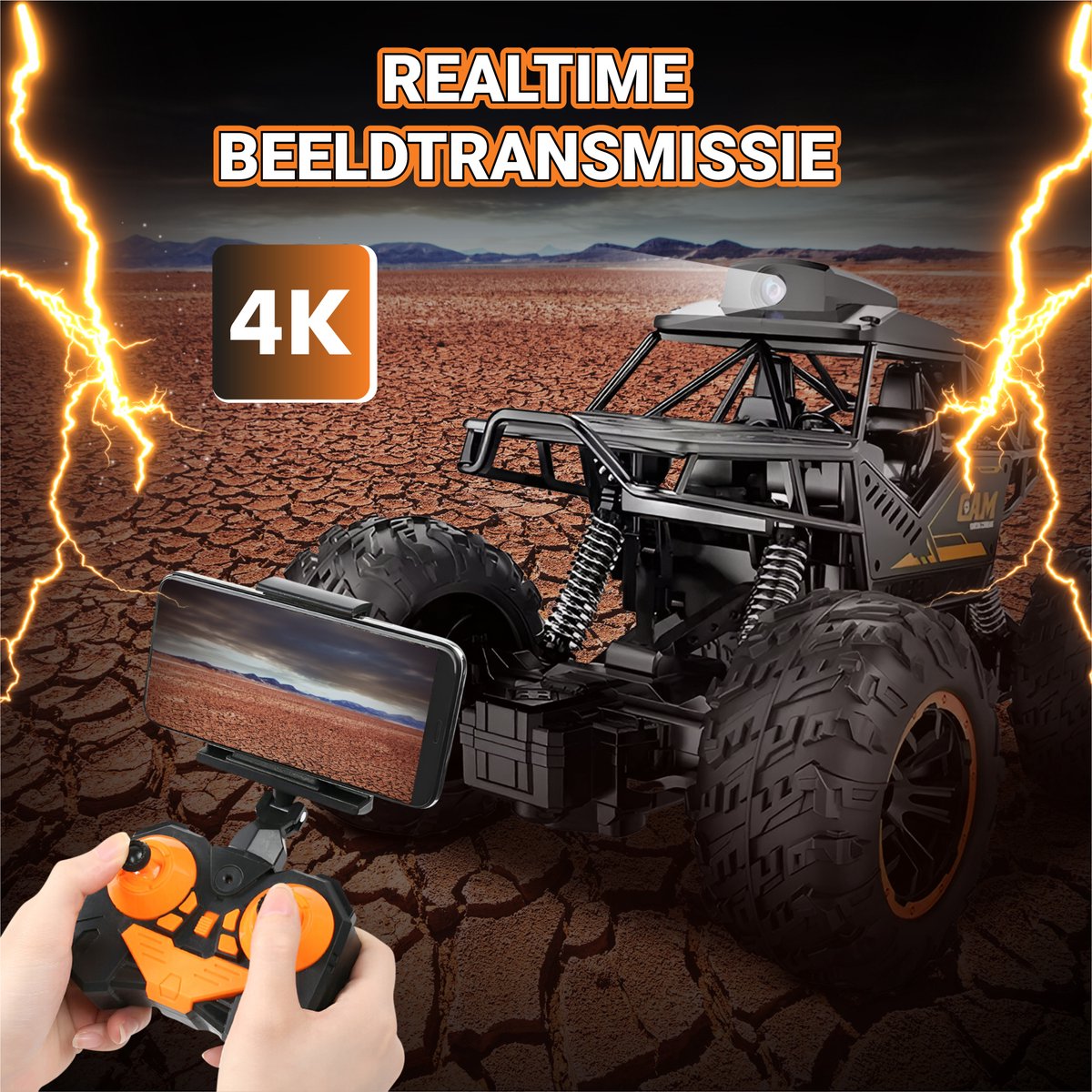 HAWX Bestuurbare Auto - 4K Camera - RC Auto - Race Auto - Monstertruck - Afstandsbestuurbare Auto - Volwassenen en Jongens - Voor Buiten - Incl. 3 Batterijen, 8 Verkeerskegels — afbeelding 2