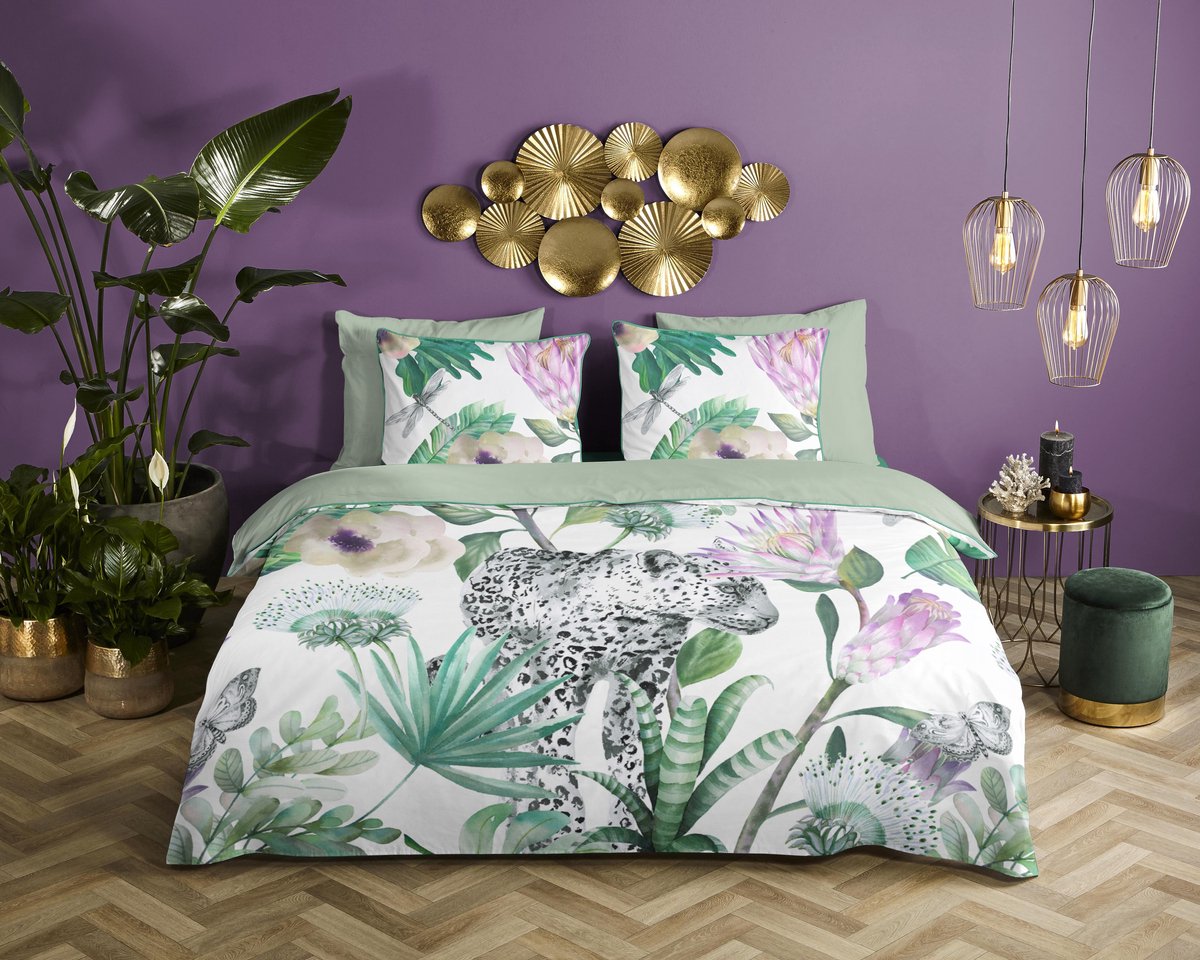 Descanso dekbedovertrek bloemen met een luipaard - 2 persoons 200x200/220 cm - Groen - 100% Katoen satijn