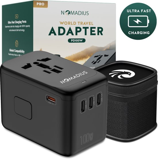 Nomadius® Wereldstekker PRO - Universele Reisstekker voor 180+ Landen - Ultra Fast PD100W Charging - 4x USB-C & 1x USB-A - Voor USA, UK, EU, Azië & Australië - Zwart