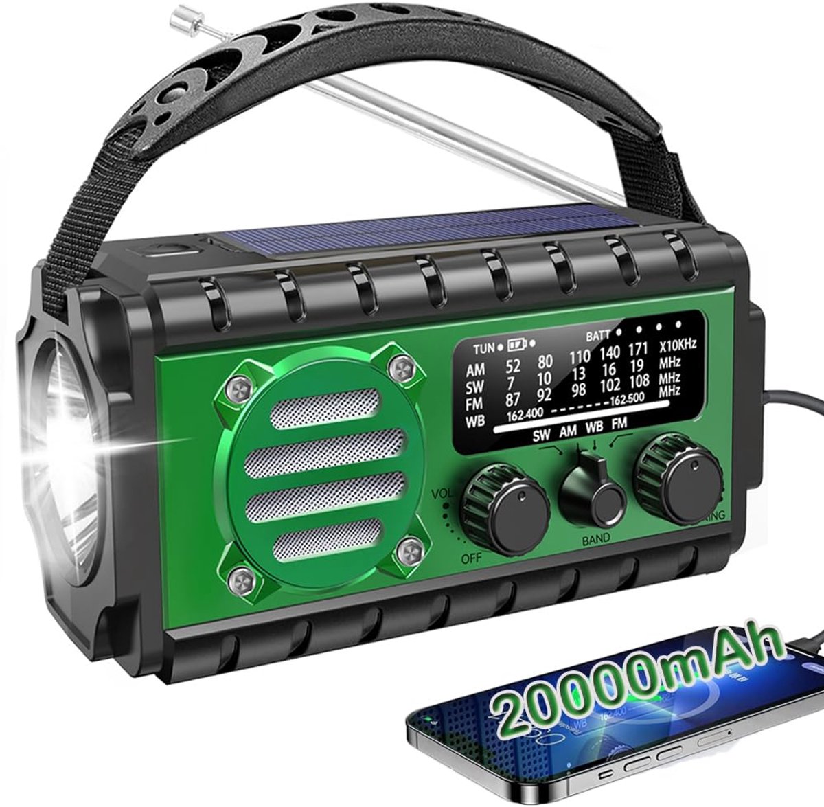 Unyqoos® Draagbaar noodradio met zonne-energie, oplader en SOS-alarm voor outdoor gebruik