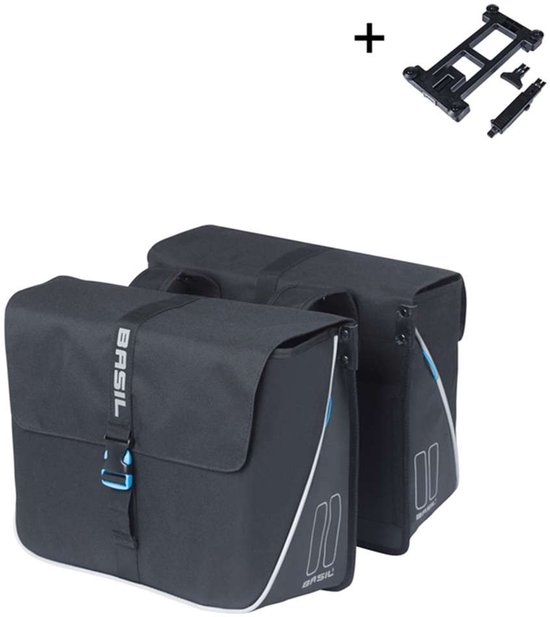 Basil Forte - Dubbele fietstas MIK - 35L - Waterafstotend polyester- Aansnoerband en verstelbare sluiting - Reflectie details - Zwart/zwart