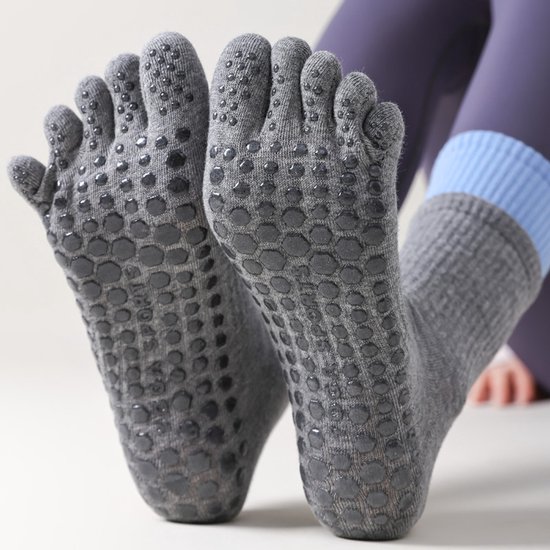 Yogasokken (2 paar) - Vijfvinger Yogasokken - Antislipsokken - Teensokken - Pilatessokken - Geschikt voor Sport - Fitness - Dans - Grijs van Merkloos — afbeelding 3