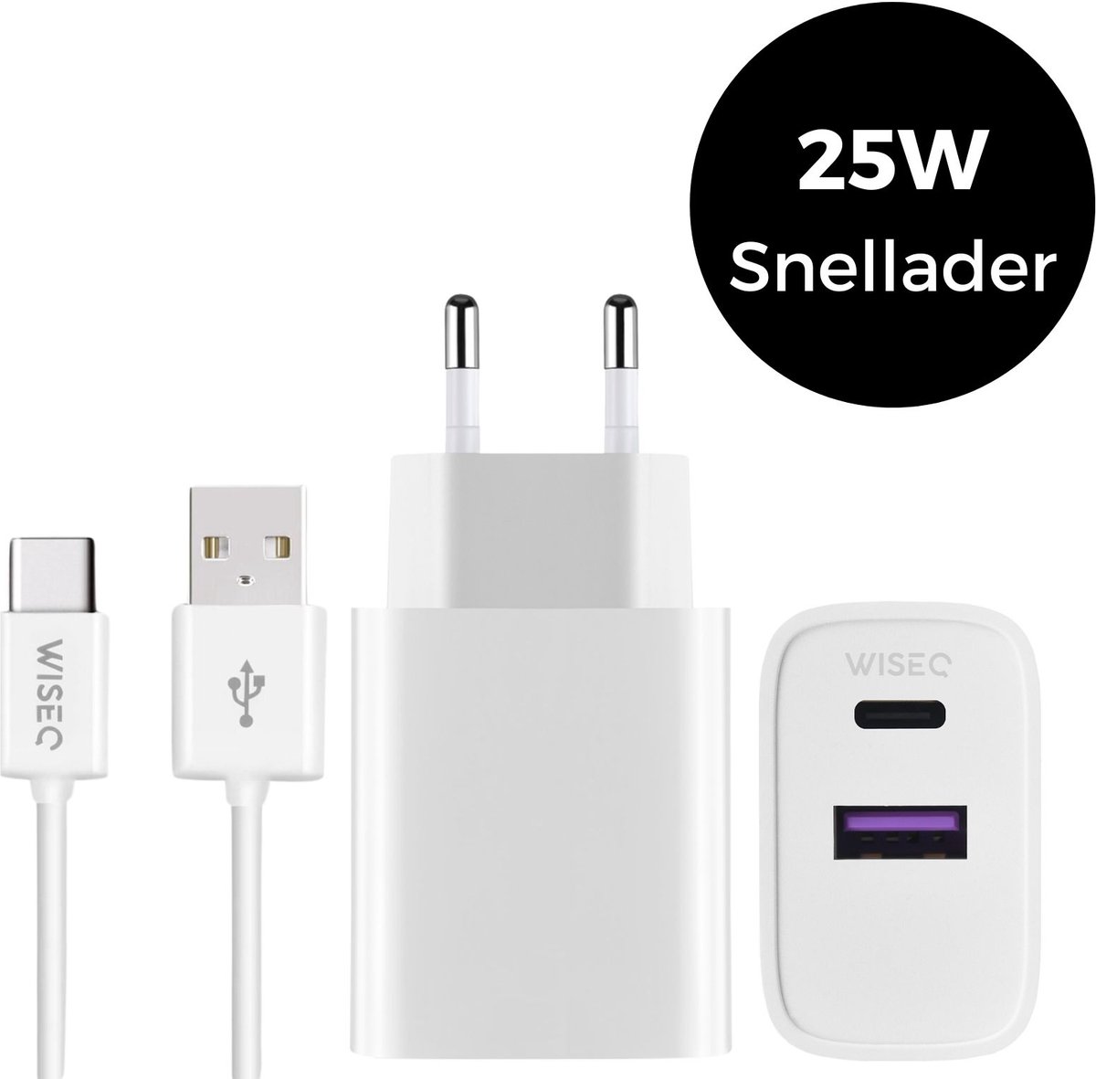 USB en USB C oplader - geschikt voor iPhone 17 / iPhone 16 / iPhone 15 - Dubbele adapter snellader met USB naar USB C oplaadkabel 2 meter - wit - WiseQ
