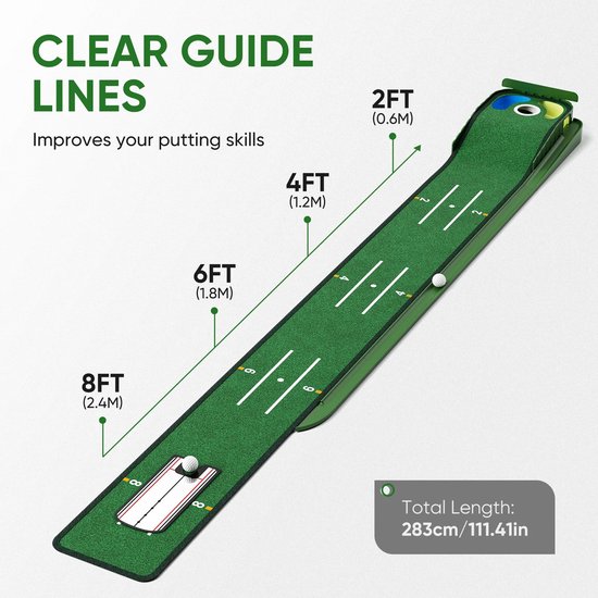 Novendo Goods - Putting mat – Indoor golf mat met automatische balretour - Uitlijningsgeleider en antislip onderzijde – Putting training voor thuis of op kantoor van Novendo Goods — afbeelding 5