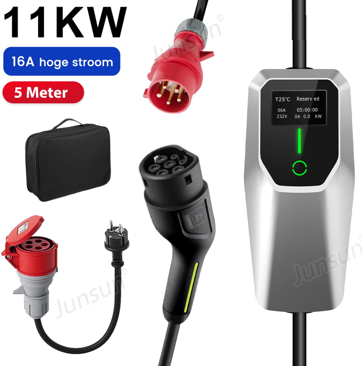 Hexinex Draagbare 11kW 3-Fase EV Laadkabel - Type 2, LCD Scherm