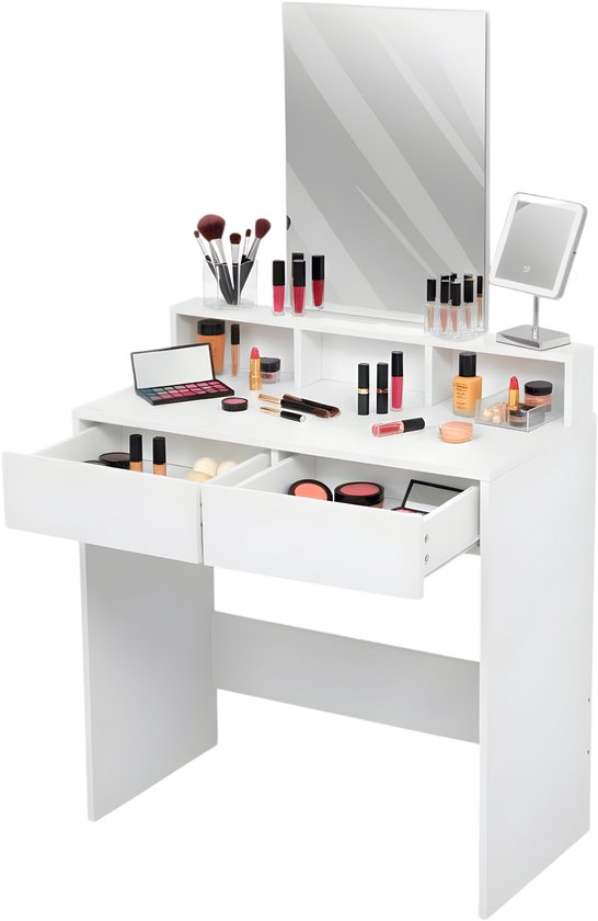Monza Home® Make-up Tafel – Kaptafel met Spiegel – 2 Lades – 3 Open Vakken