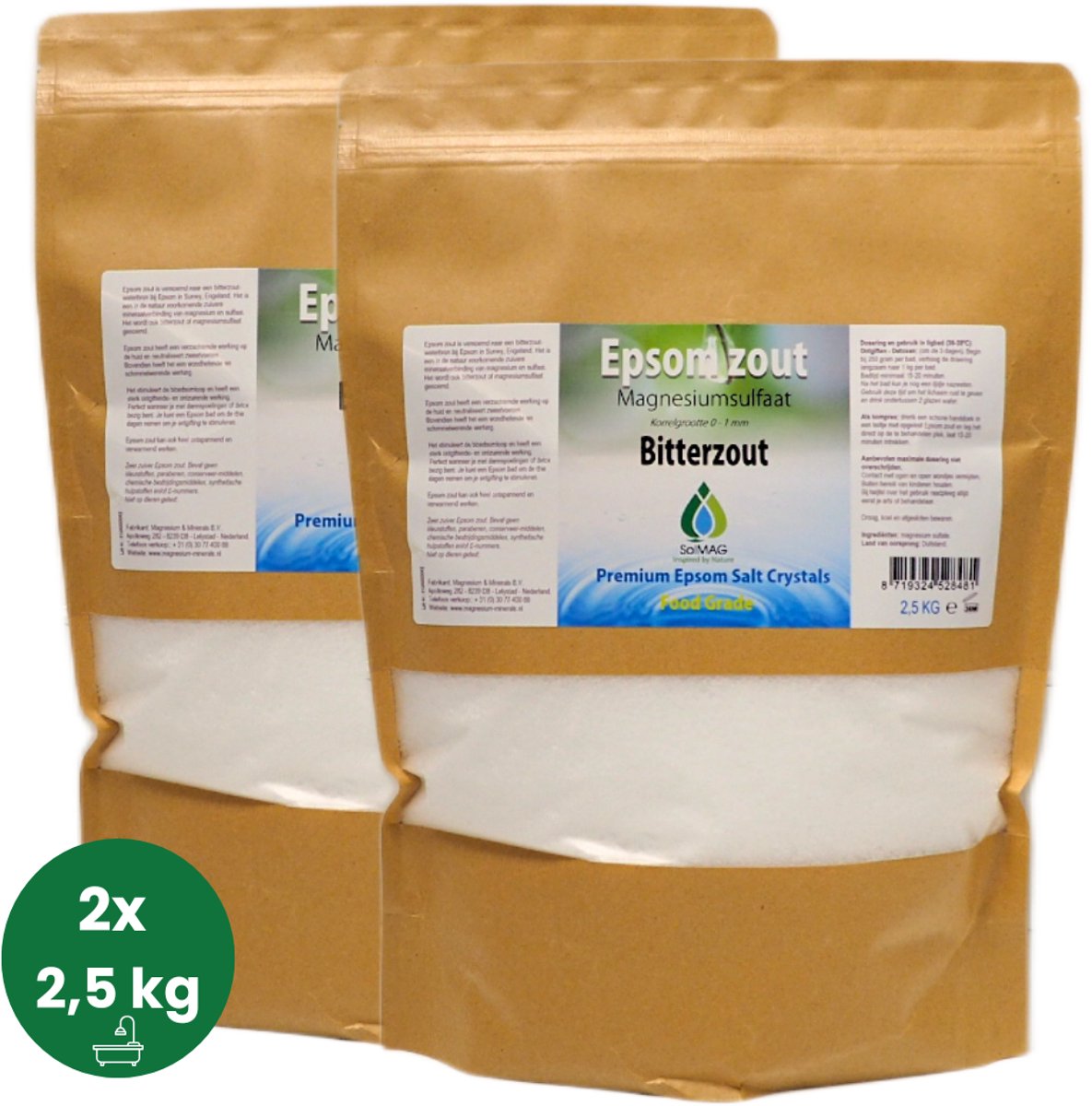 SoLMAG Epsom zout 5 kg (2x2,5 kg) - Bitterzout - Magnesium sulfaat - Badzout - Magnesium sulfate - Epsomzout - Epsom salt - Sal de Epsom - Epsombadzout - Voetenbad - Food Grade kwaliteit
