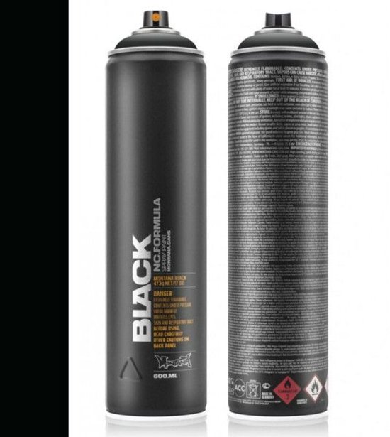 Deux bombes de peinture Montana BLACK 600ml, avec l'avant et l'arrière visibles. L'avant montre le logo 'BLACK' et un capuchon orange.