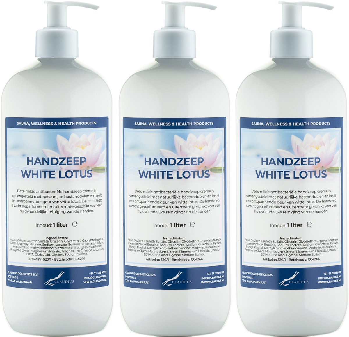 Handzeep White Lotus 1 liter - set van 3 stuks - met gratis pomp - Voordeelverpakking