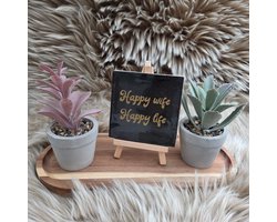 Robuust Wenstegeltje - Happy Wife Happy Life – Luxe Cadeautegel met Tekst – Perfect Cadeau voor Relaties, Woningdecoratie en Jubiliea - Trendy nu - 10X10 – Decoratief Tegeltje met Standaard – Cadeau Idee