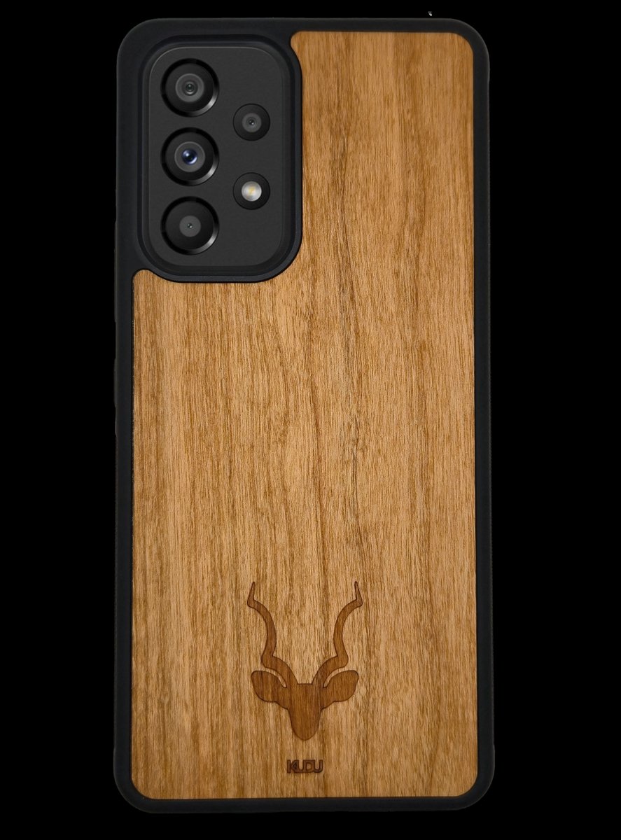 Kudu Samsung Galaxy A53 5g hoesje case - Houten backcover - Handgemaakt en afgewerkt met duurzaam TPU - Kersen - Zwart