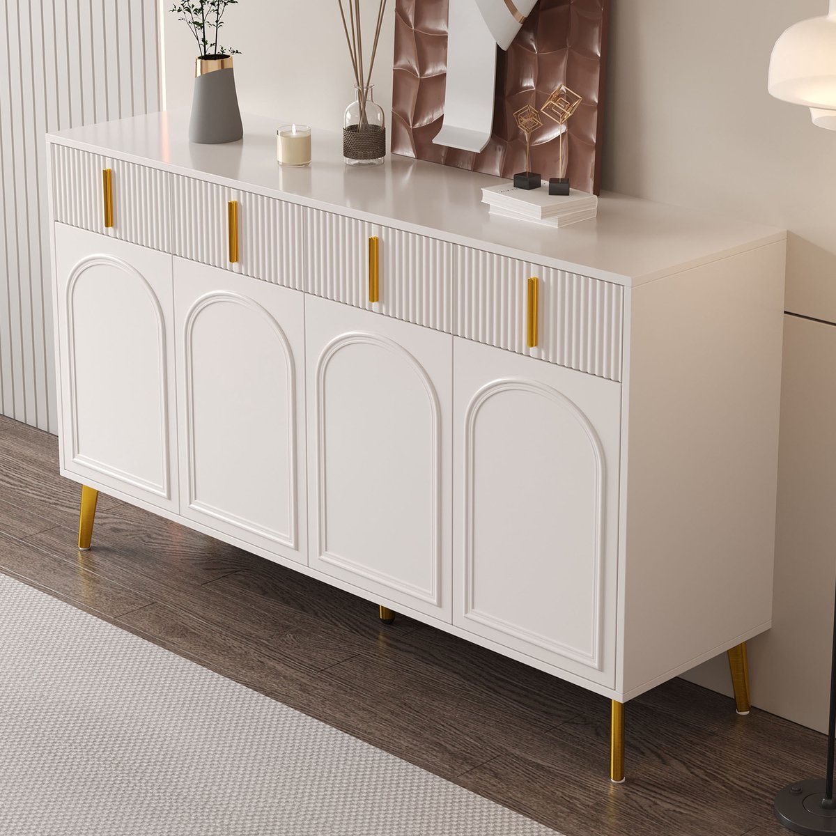 Wishdor Dressoir - 4 Deuren En 4 Lades - Verstelbare En Uitneembare Legplanken - MDF Met Witte Melamine - Wit - 140 x 38 x 82 cm White