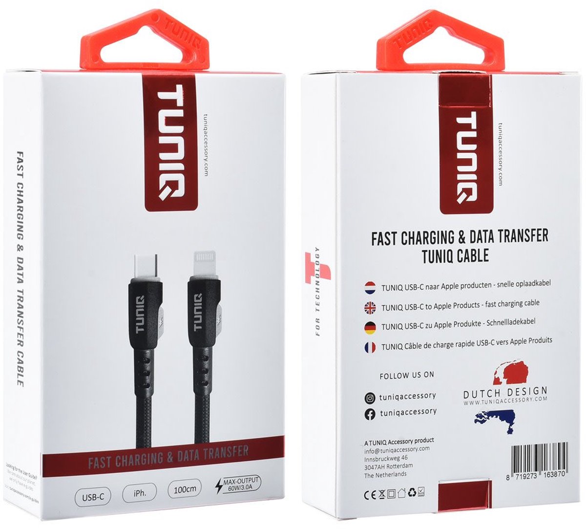 TUNIQ USB-C naar Lightning Kabel - Fast Charging & Data Transfer – 60W PD Snelladen - 1 Meter - Stevige Nylon Kabel voor iPhone, iPad en Apple Accessoires - Zwart