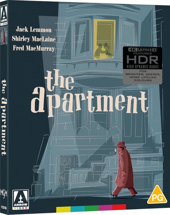 Hoes van 'The Apartment' met een schets van een gebouw, een persoon in een rode jas en de titel. Bevat "Arrow Video" en "MGM" logo's en "PG"-classificatie.