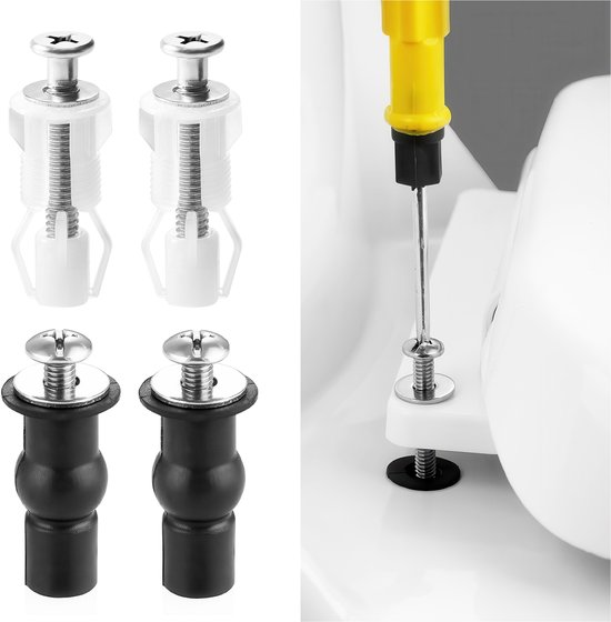 Toiletbrilbevestigingen: twee witte plastic en twee zwarte rubberen exemplaren, naast een afbeelding van montage op een toilet.