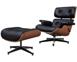 Chaise Lounge Stoel - Stoel - Lounge Stoel - Relaxstoel - Walnoothouten Stoel Relaxstoel Met Poef - Modern Design - Walnoot/Zwart - Echt Leer - Ergonomisch Comfort - Met Houten Onderstel - Voor Woonkamer, Kantoor, Lounge of Slaapkamer