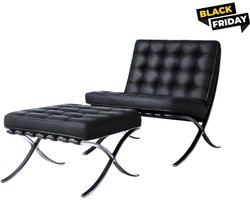 Barcelona Chair + Hocker - Zwart - Fauteuil - Stoel - Luxe Variant