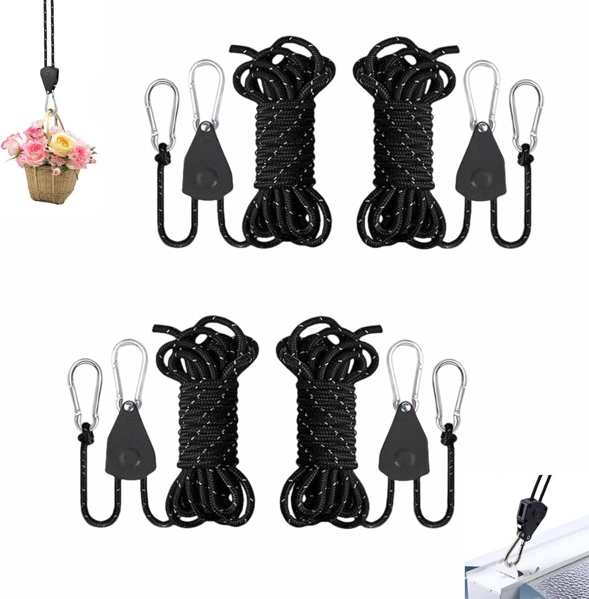 4 stuks kabelratel met haken - 4 m scheerlijnen met kabelspanner - 4 mm verstelbaar touw - ratel met opbergtas voor zonnezeil - luifels - plantenventilator - outdoor - camping accessoires (zwart)