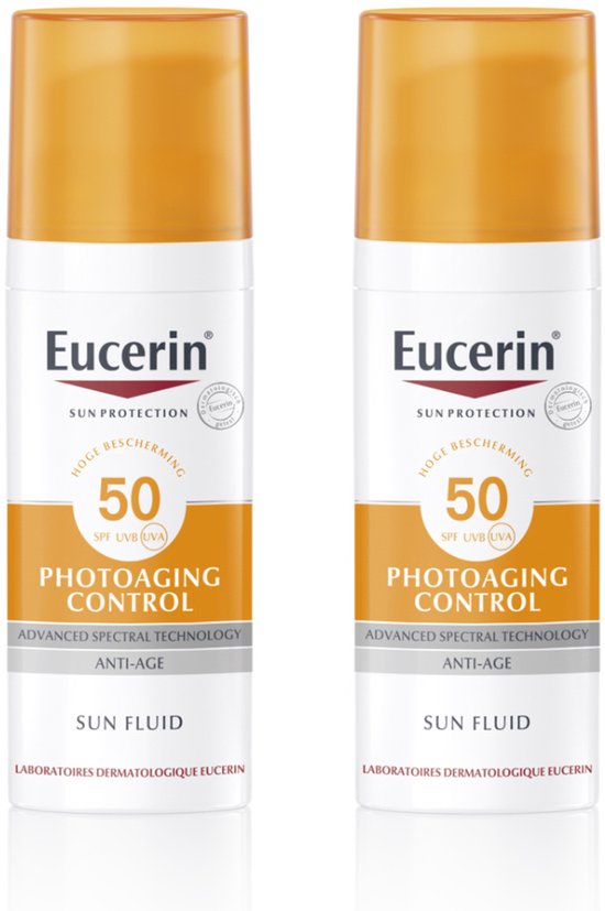 Twee witte flacons met oranje dop, met "Eucerin" en "50 Photoaging Control Sun Fluid".