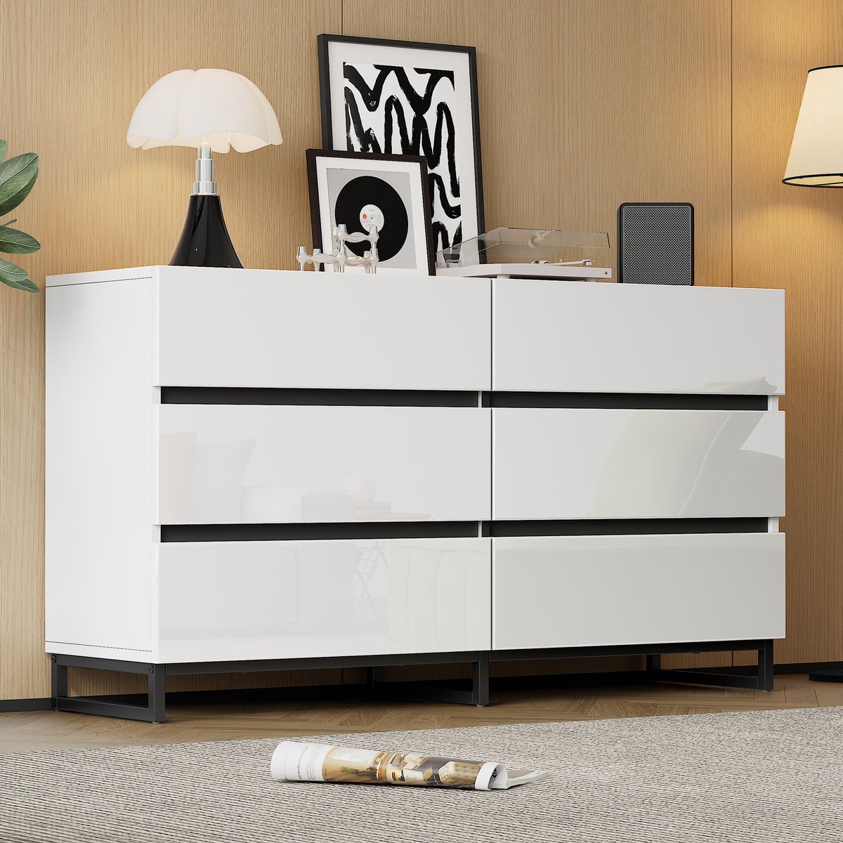 REDOM Sideboard 140×39,5×78,5 cm – 6 lades, hoogglans fronten, 3 metalen poten, 60 kg draagvermogen, wit/zwart
