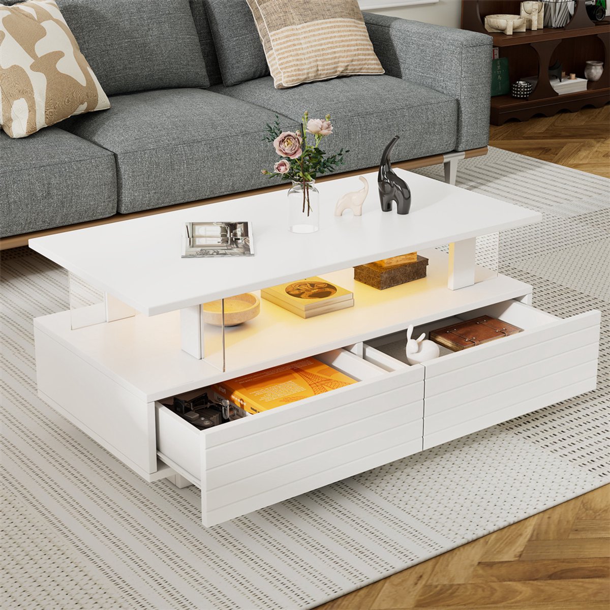 YEHTOKHOME Salontafel met LED via APP - 2 Lades en Open Schap - Wit Acryl Bijzettafel - 100x50x42,5 cm