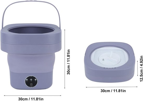 Dimensions du mini-lave-linge pliable violet déplié et plié.