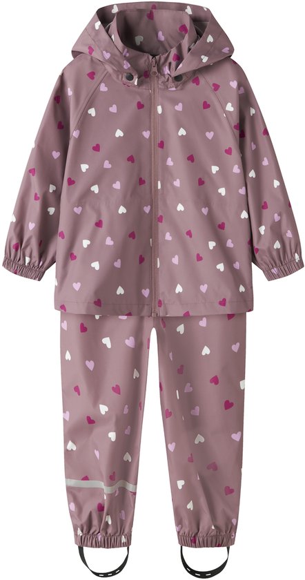 Roze regenpak met all-over hartjesprint in wit, lichtroze en fuchsia.