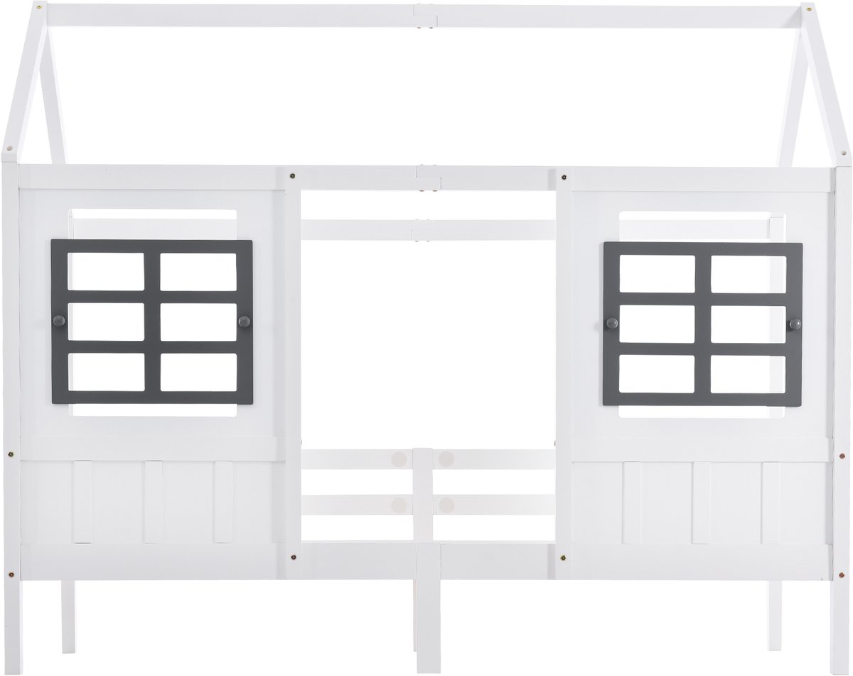 REDOM Huisbed 200x90 cm – Wit – Massief hout & MDF – Met 2 ramen & veilig huisvormontwerp